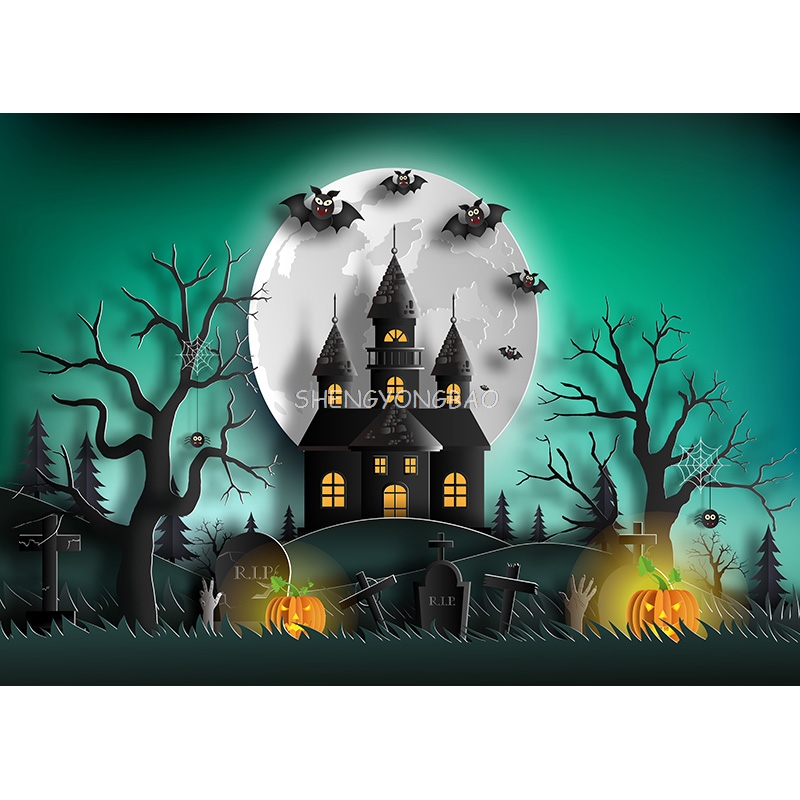 Photography Backdrop Muslin - Halloween Backdrop Pumpkin Lantern Castle Forest