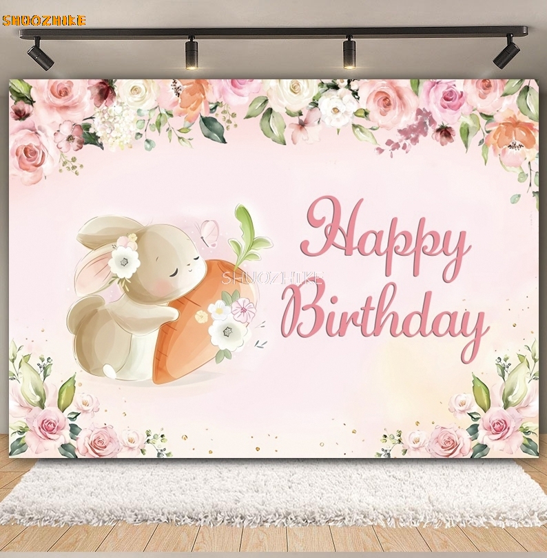 Floral Bunny Baby 1st Birthday - Photography Backdrop Muslin recension och pris